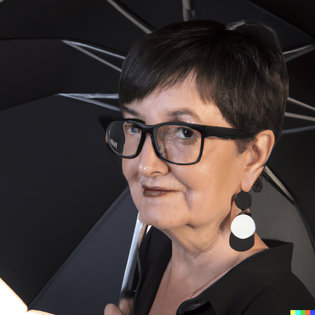 DALL·E-2023-07-05-15.47.38-photorealistic-image-of-a-40-year-old-woman-wearing-a-spec-and-black-earrings-and-holding-an-umbrella
