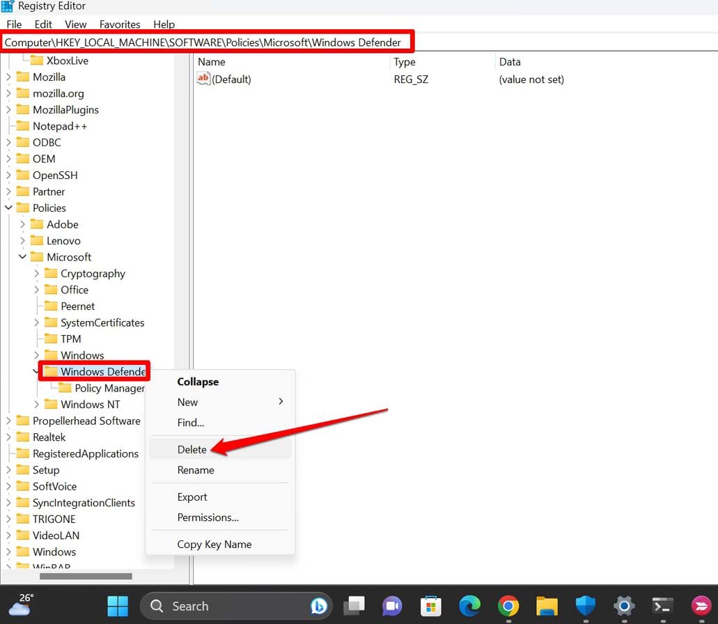 delete-Windows-Defender-key-from-Windows-registry